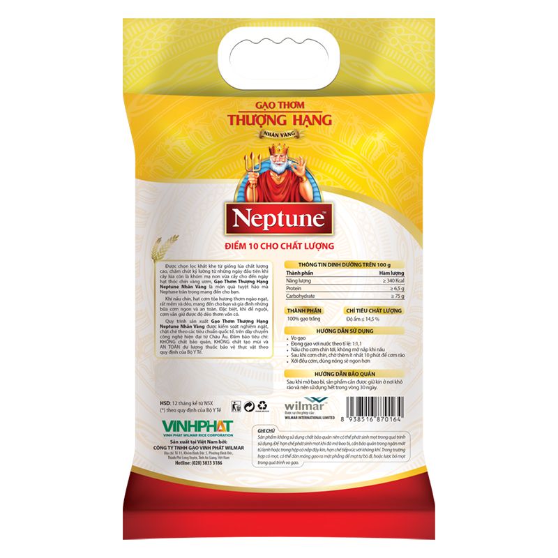 Gạo thơm thượng hạng Neptune nhãn vàng thùng 5 túi x 5kg 