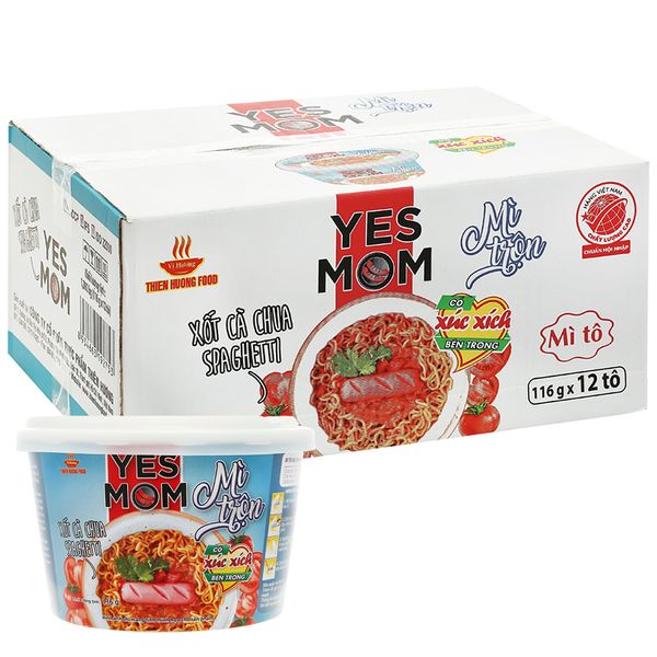  Mì trộn có cây thịt Yes Mom vị xốt cà chua spaghetti thùng 12 tô x 116g 