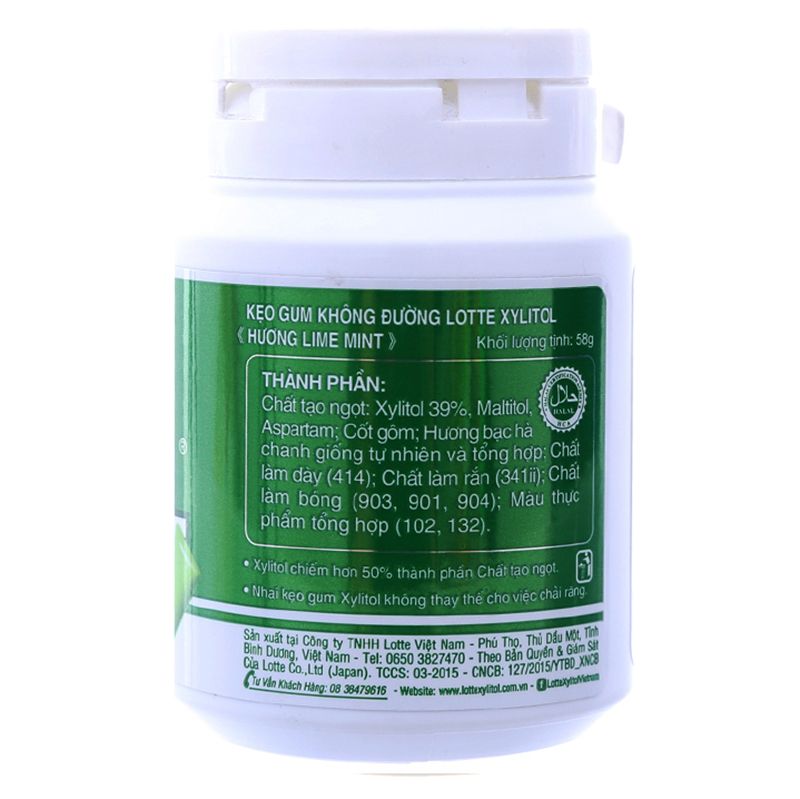 Kẹo singum không đường Lotte Xylitol vị chanh và bạc hà hũ 58g 
