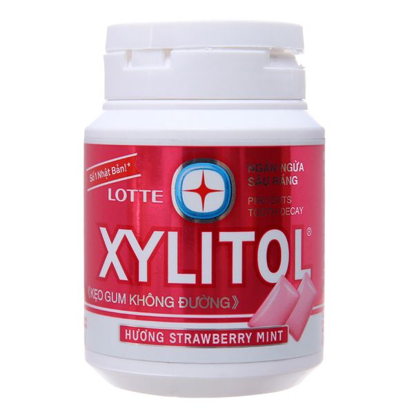  Kẹo singum không đường Lotte Xylitol vị dâu và bạc hà hũ 58g 