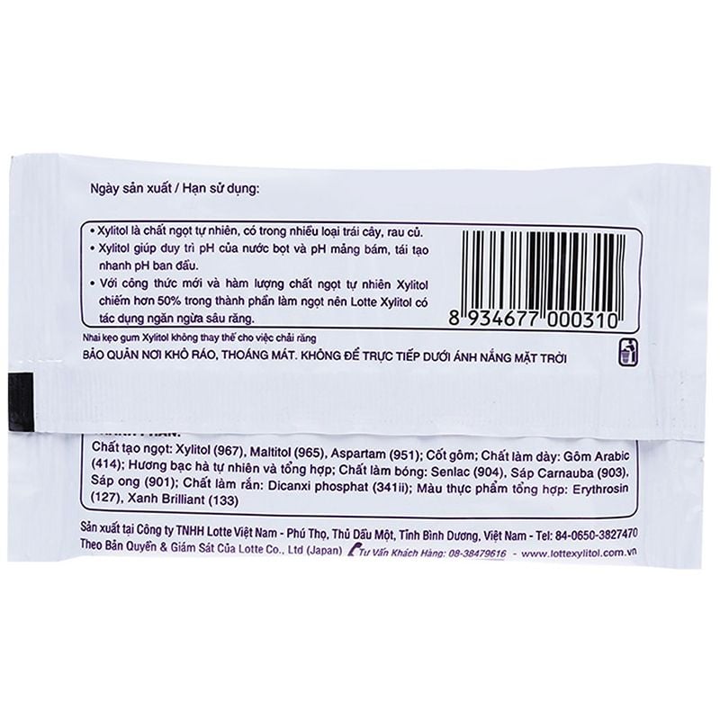  Kẹo singum không đường Lotte Xylitol vị việt quất vỉ 11.6g 