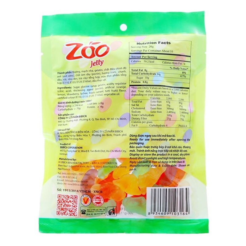  Kẹo dẻo hương trái cây Zoo Jelly Bibica gói 200g 
