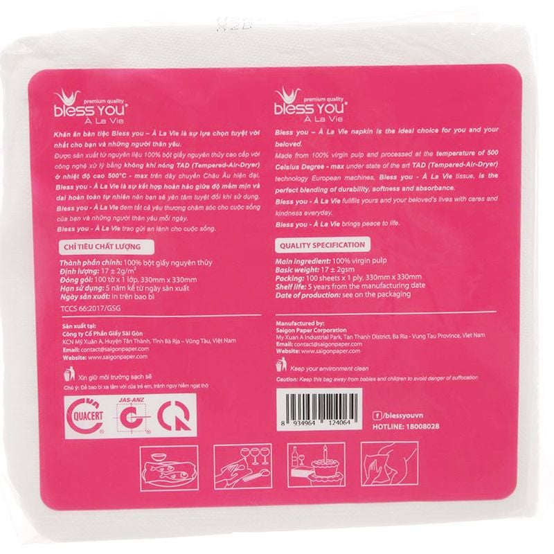  Khăn giấy ăn Bless You À La Vie 1 lớp lốc 3 gói x 100 tờ 