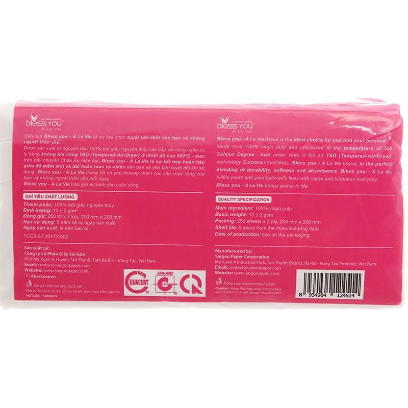  Khăn giấy lụa Bless You À La Vie 2 lớp gói bổ sung lốc 3 gói x 250 tờ 