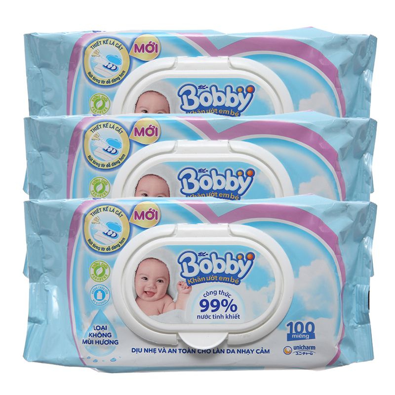  Khăn ướt em bé Bobby không mùi lốc 3 gói x 100 miếng 