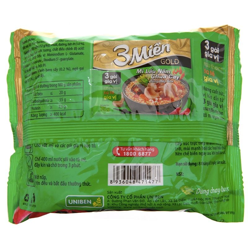  Mì 3 Miền Gold lẩu nấm chua cay thùng 30 gói x 75g 