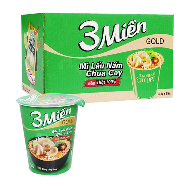  Mì 3 Miền Gold lẩu nấm chua cay thùng 24  ly x 65g 