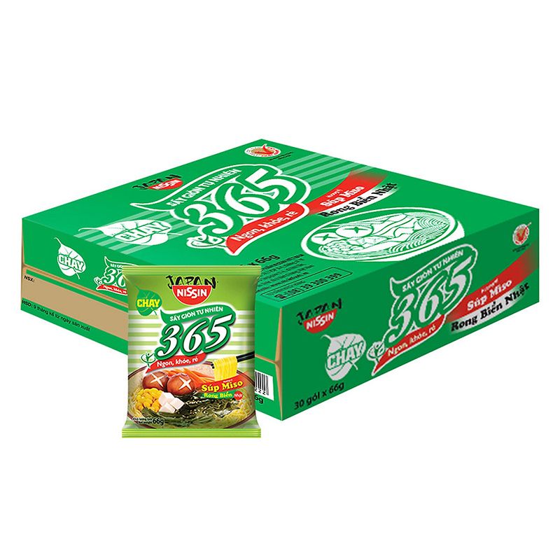  Mì chay Nissin 365 súp Miso rong biển thùng 30 gói 66g 