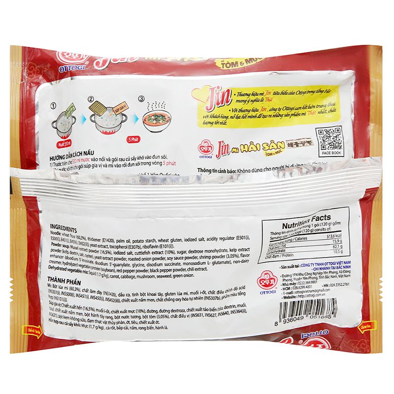  Mì hải sản Jin Ottogi vị tôm và mực thùn 20 gói x 120g 