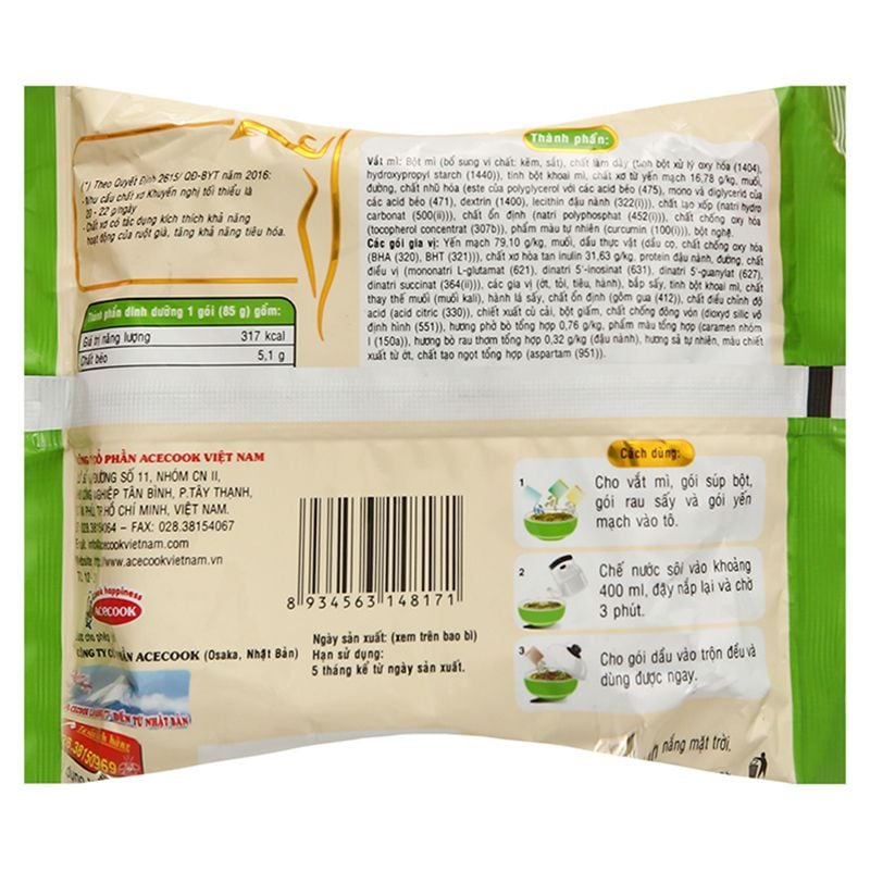  Mì không chiên Yến Mạch hương vị bò thùng 24 gói x 85g 