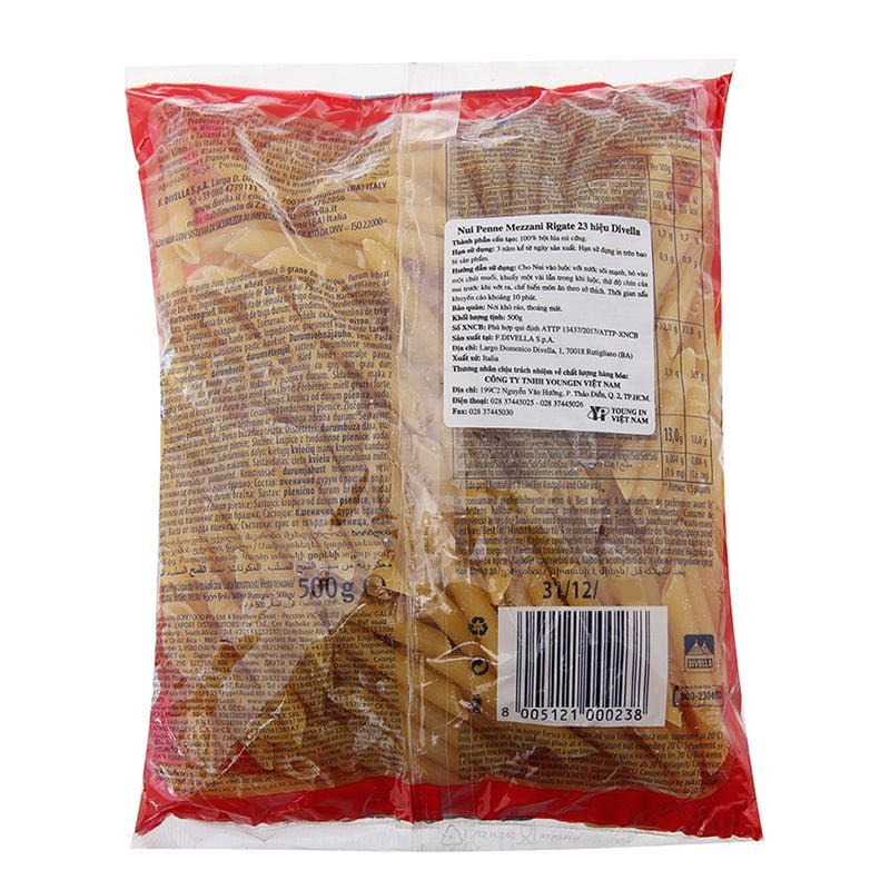 Nui ống xéo penne mezzani rigate số 23 Divella gói 500g 