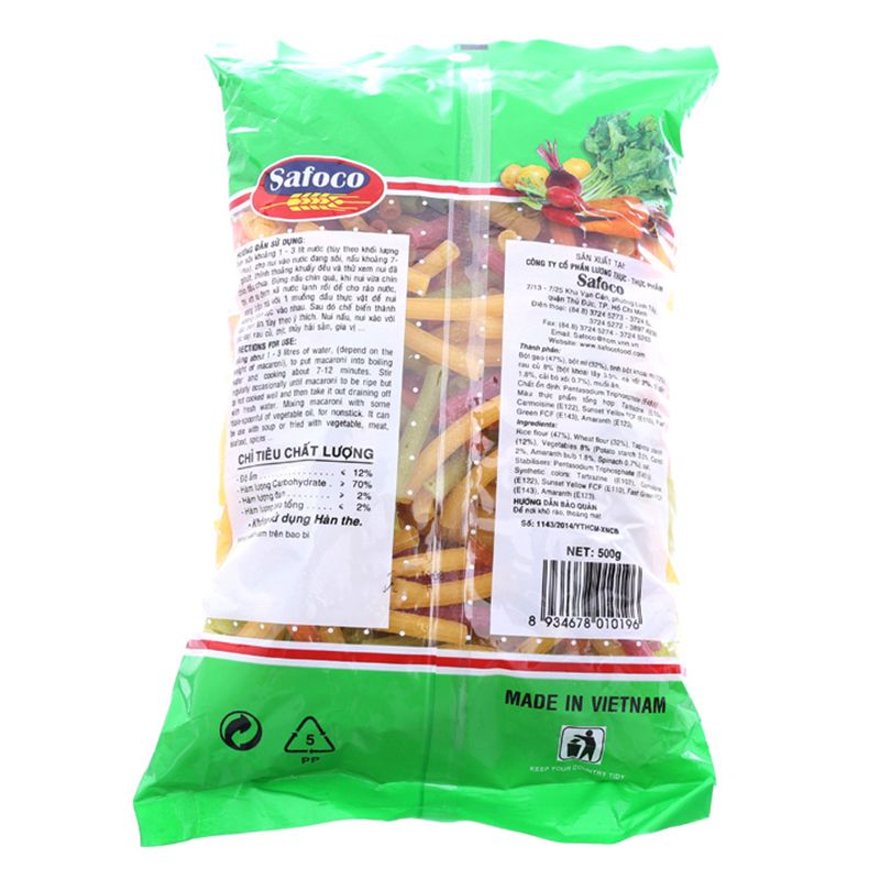  Nui rau củ ống lớn Safoco thùng 20 gói x 500g 