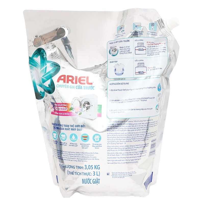  Nước giặt cửa trước Ariel bền màu hương sen nhài túi 3 lít 