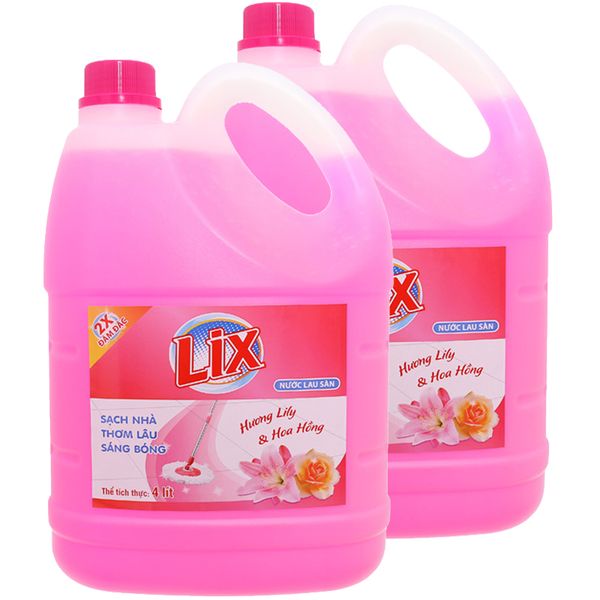  Nước lau sàn Lix 2x đậm đặc hương Lily hoa hồng bộ 2 can x 4kg 