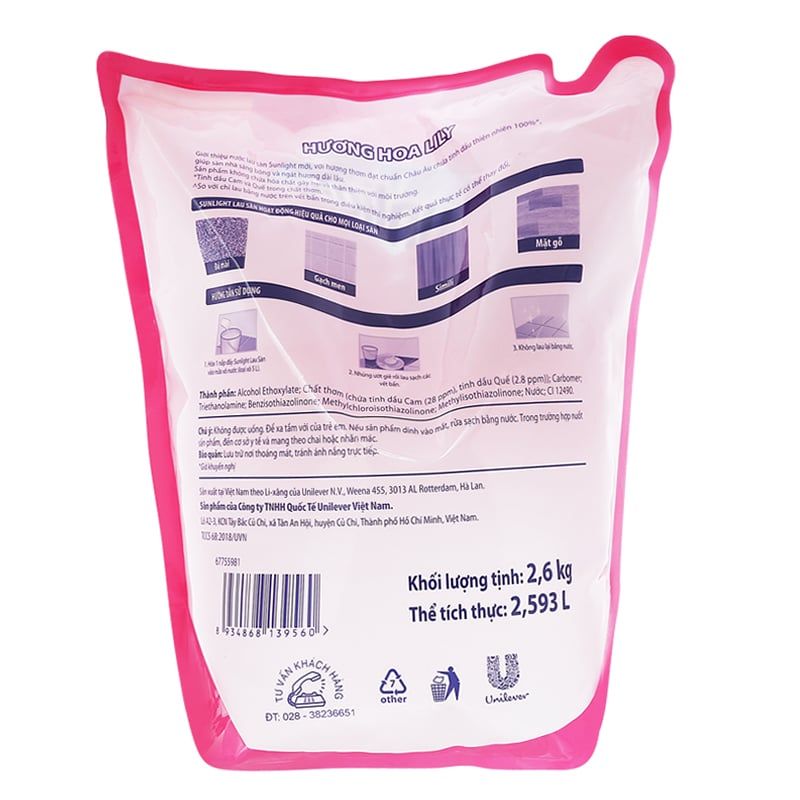  Nước lau sàn Sunlight hương hoa Lily túi 2 kg 