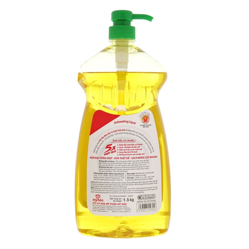  Nước rửa chén Mỹ Hảo 5X đậm đặc tinh dầu vỏ chanh chai 1,5 kg 