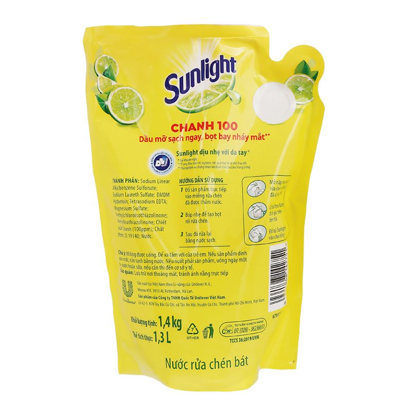  Nước rửa chén Sunlight hương chanh 100 túi 1,4 kg 
