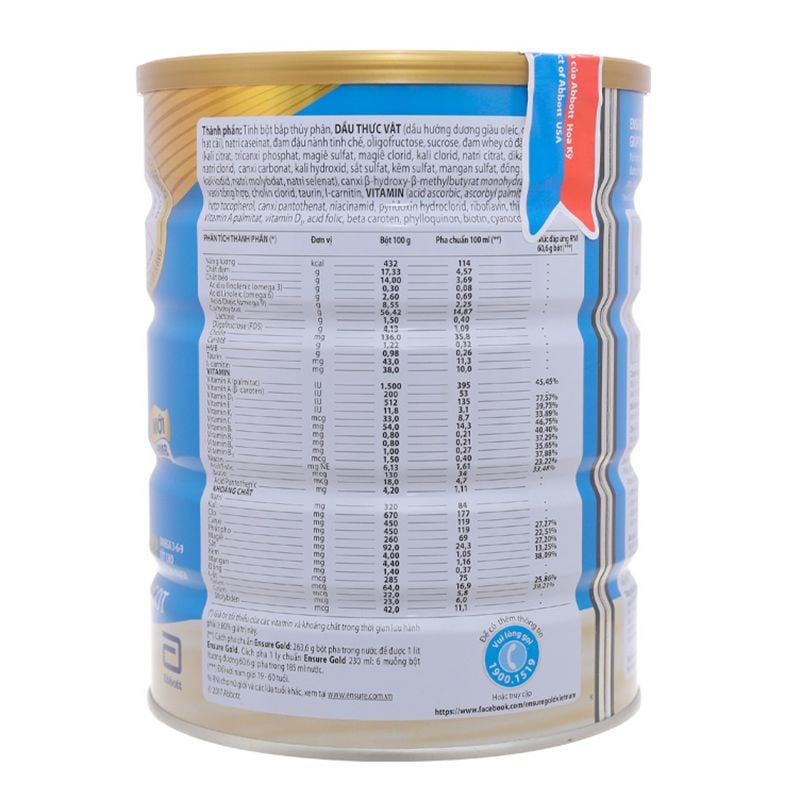  Sữa Ensure Gold hương vani ít ngọt lon 850g 