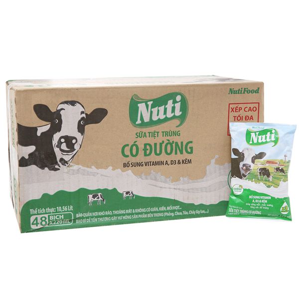  Sữa tiệt trùng NutiFood có đường thùng 48 bịch x 220ml 