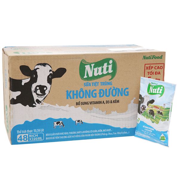  Sữa tiệt trùng NutiFood không đường thùng 48 bịch x 220ml 