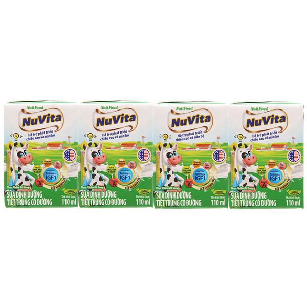  Sữa tiệt trùng NutiFood Nuvita có đường hộp lốc 4 hộp x 110ml 