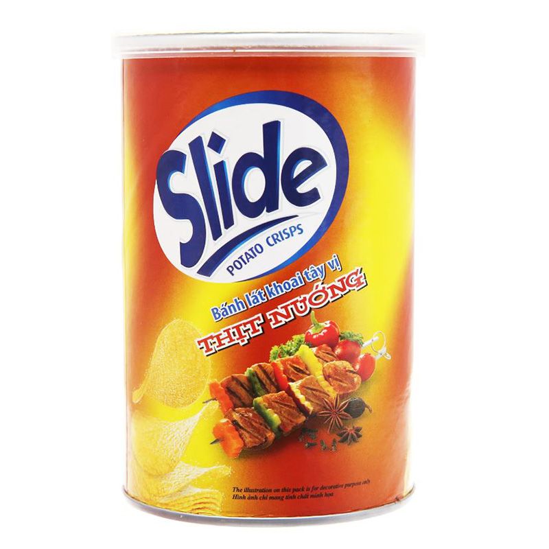  Snack khoai tây Slide vị thịt nướng lon 150g 