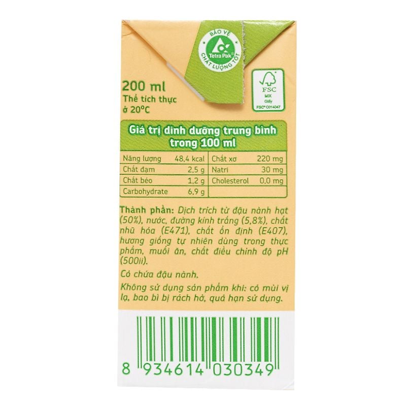  Sữa đậu nành Fami Canxi nguyên chất ít đường lốc 6 hộp x 200ml 