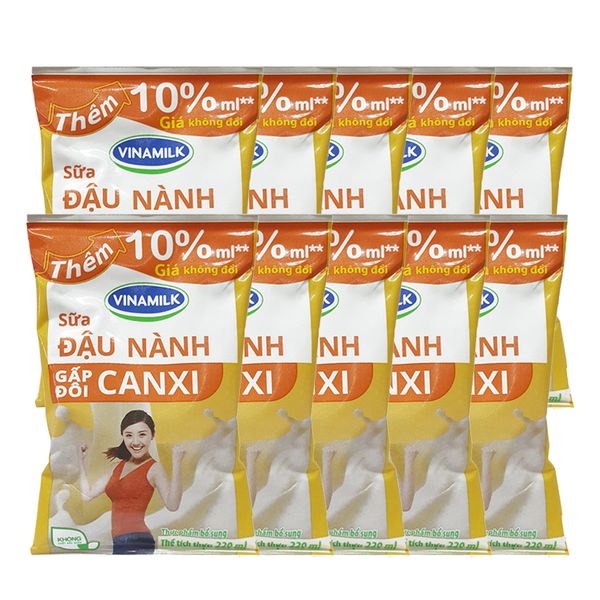  Sữa đậu nành Vinamilk nguyên chất gấp đôi Canxi lốc 10 bịch x 220ml 