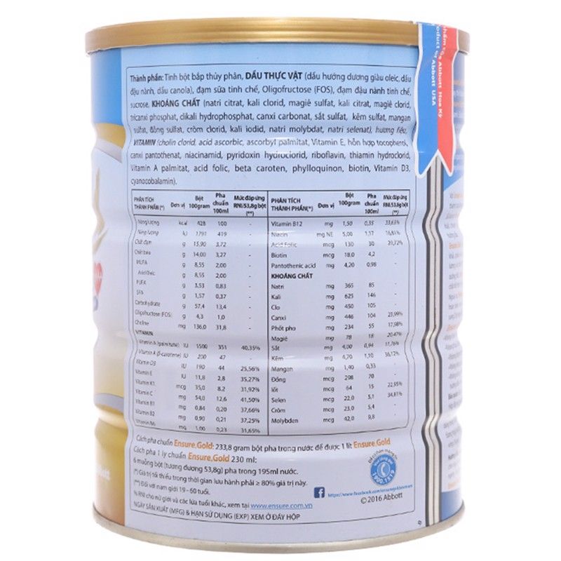  Sữa Ensure Gold hương lúa mạch ít ngọt lon 400g 