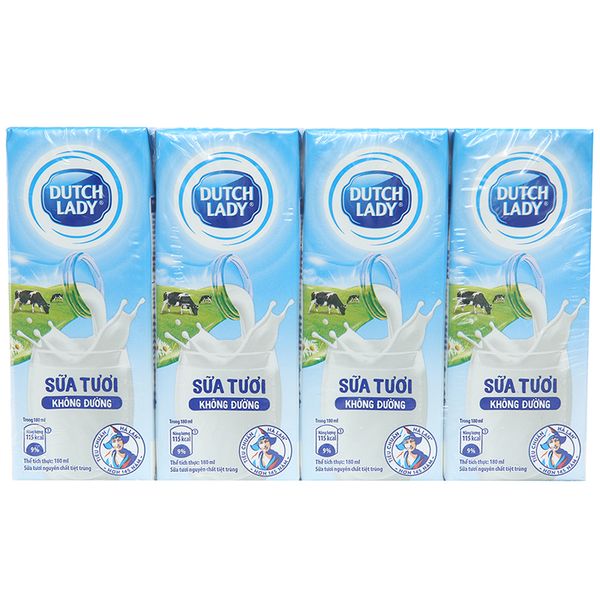  Sữa tiệt trùng Dutch Lady không đường lốc 4 hộp x 180 ml 