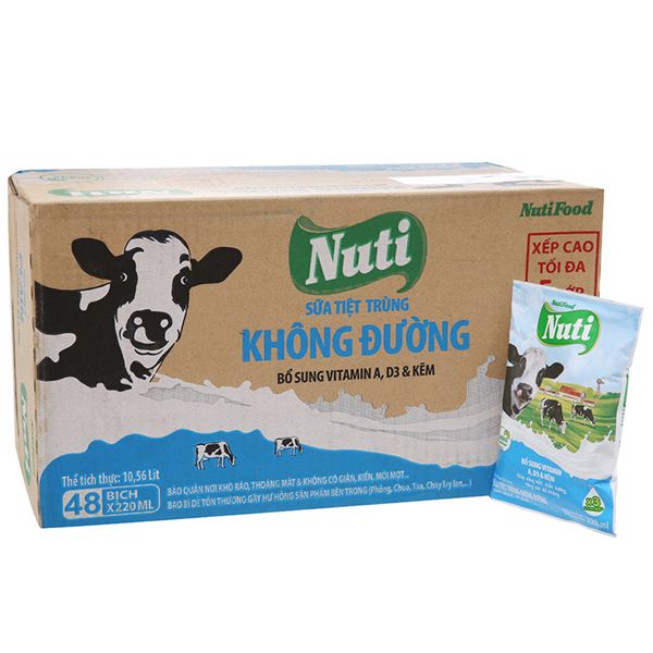  Sữa tiệt trùng Nuti không đường thùng 48 gói x 220ml 