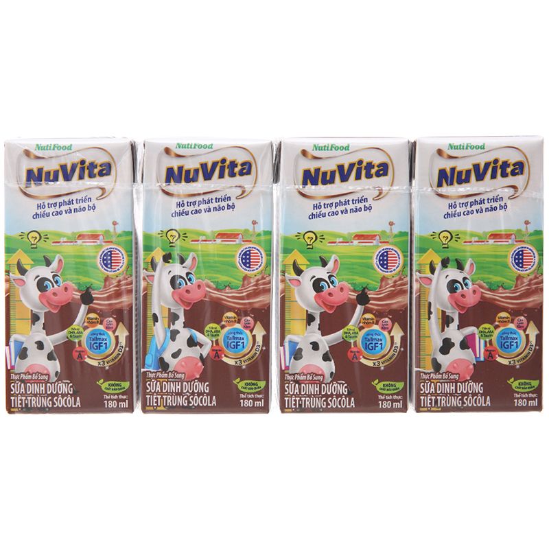  Sữa tiệt trùng Nuvita sô cô la lốc 4 hộp x 180ml 