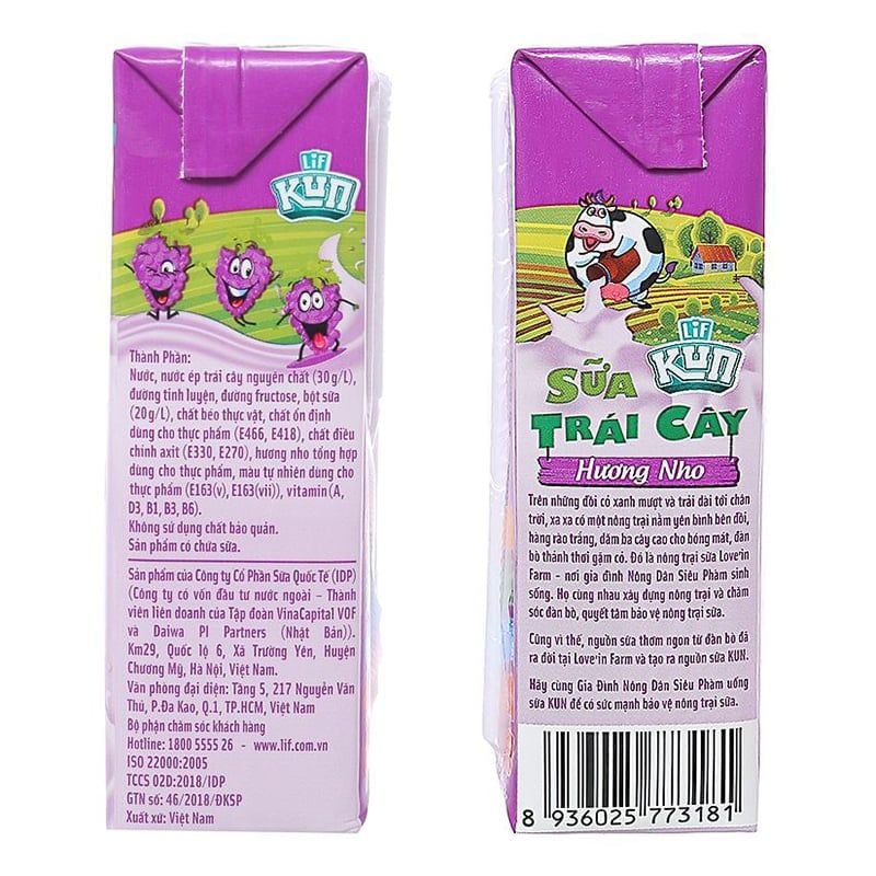  Sữa trái cây LiF Kun hương nho thùng 48 hộp x 180ml 