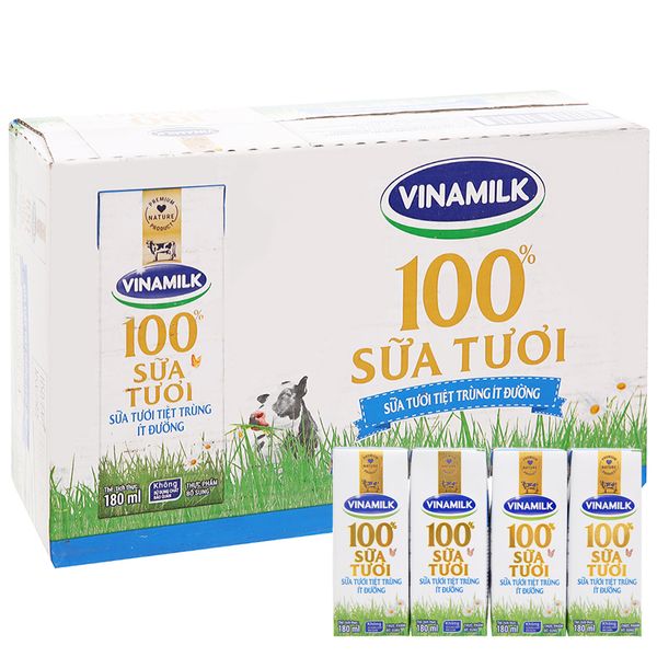  Sữa tươi ít đường Vinamilk 100% sữa tươi thùng 48 hộp x 180ml 