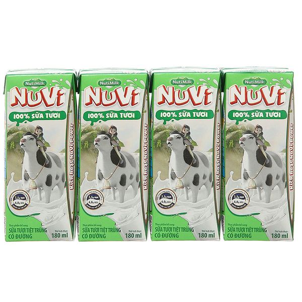  Sữa tươi tiệt trùng có đường Nuvi lốc 4 hộp x 180ml 