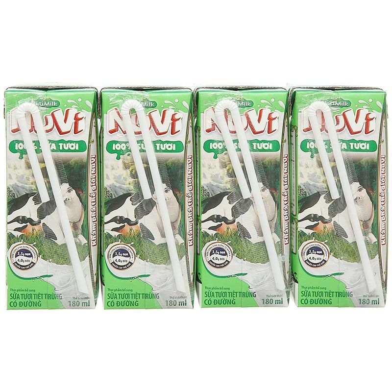  Sữa tươi tiệt trùng có đường Nuvi lốc 4 hộp x 180ml 