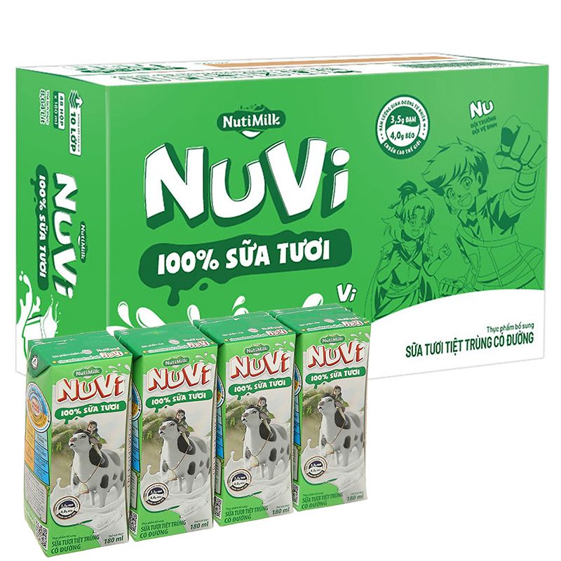  Sữa tươi tiệt trùng có đường Nuvi lốc 4 hộp x 180ml 