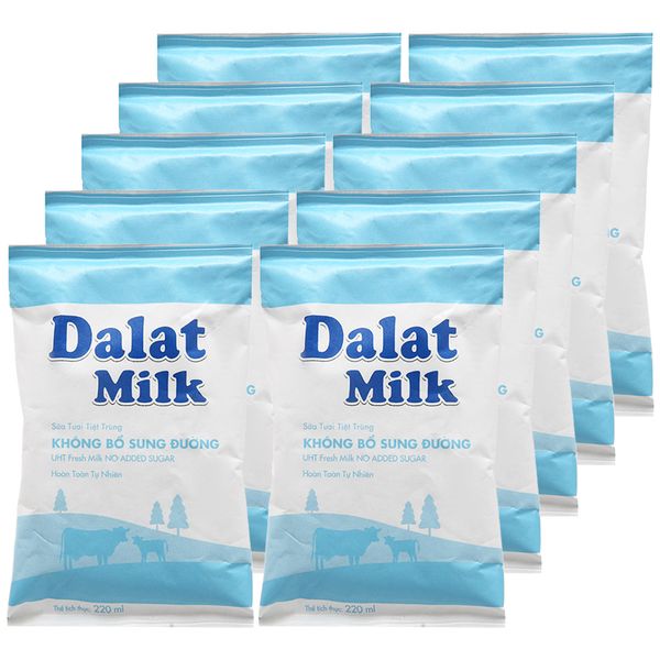  Sữa tươi tiệt trùng Dalat Milk không đường bộ 10 bịch x 220ml 