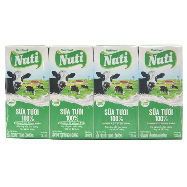  Sữa tươi tiệt trùng Nuti sữa tươi 100% có đường lốc 4 hộp x 180ml 