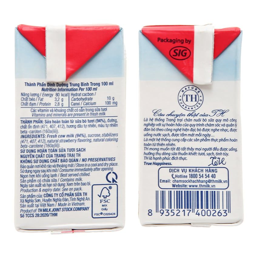  Sữa tươi tiệt trùng TH true MILK hương dâu lốc 4 hộp x 110ml 