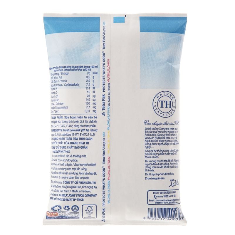 Sữa tươi tiệt trùng TH true MILK ít đường thùng 48 bịch x 220ml 