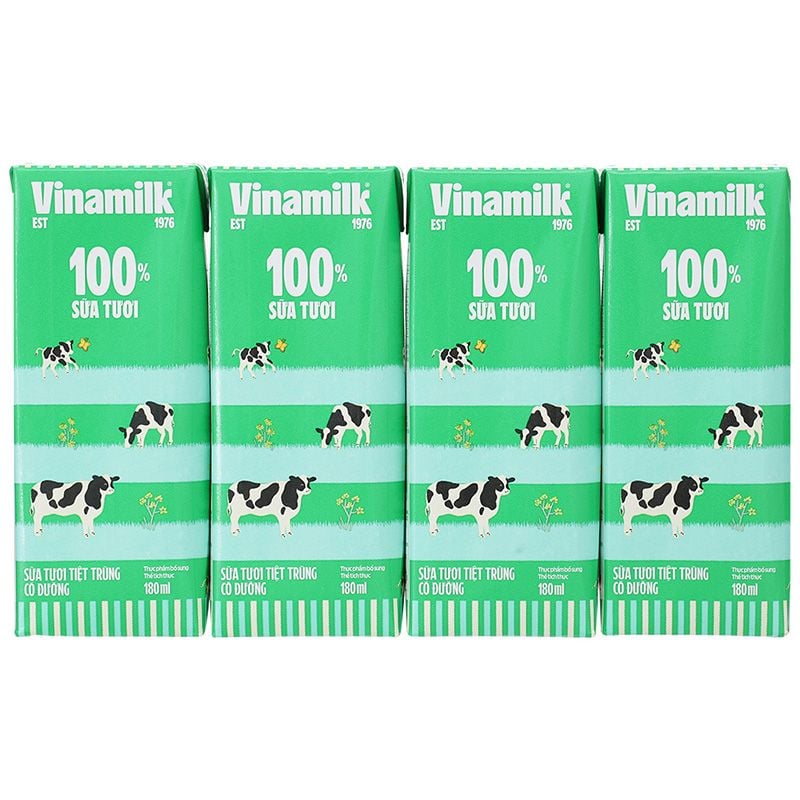  Sữa tươi Vinamilk 100 có đường lốc 4 hộp x 180ml 