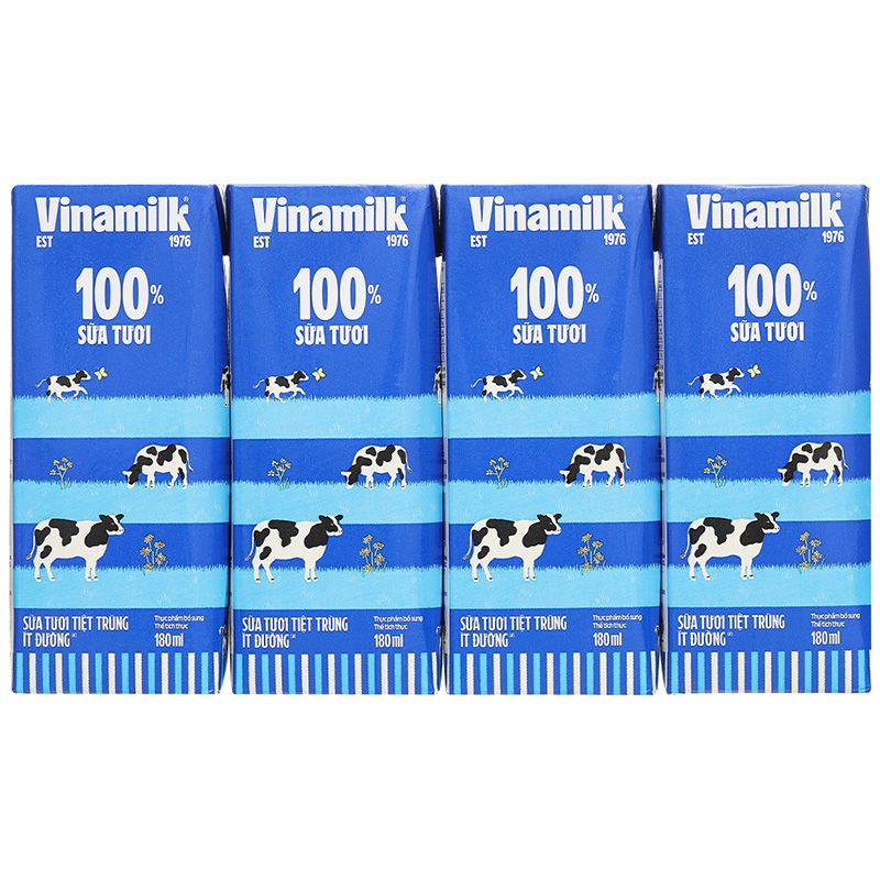  Sữa tươi Vinamilk 100 ít đường lốc 4 hộp x 180ml 