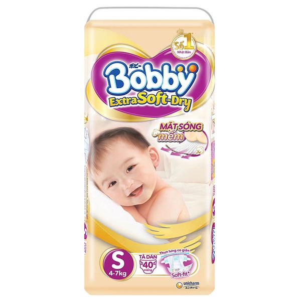  Tã dán Bobby cao cấp Extra Soft Dry size S từ 4-7kg gói 40 miếng 