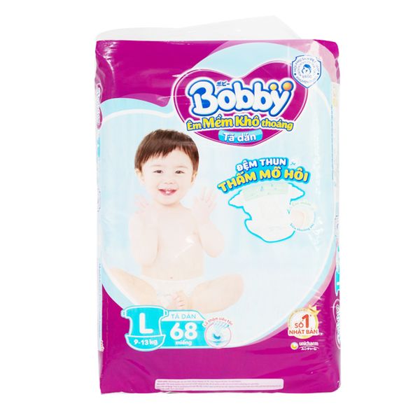  Tã dán Bobby Fresh size L dành cho bé 9 - 13kg gói 68 miếng 