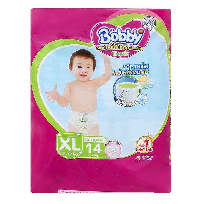  Tã quần Bobby size XL dành cho bé 12 - 17kg gói 62 miếng 