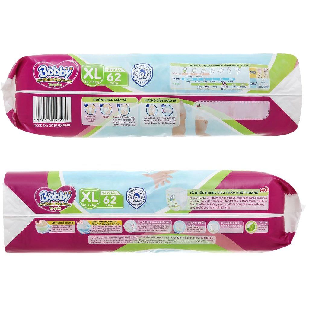  Tã quần Bobby size XL dành cho bé 12 - 17kg gói 62 miếng 