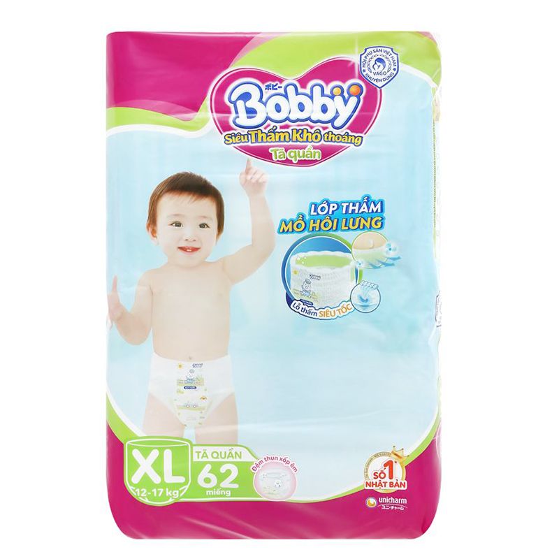  Tã quần Bobby size XL dành cho bé 12 - 17kg gói 62 miếng 