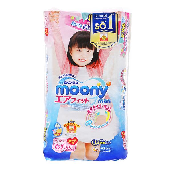  Tã quần Moony Man bé gái size XL 12 - 17kg gói 38 miếng 