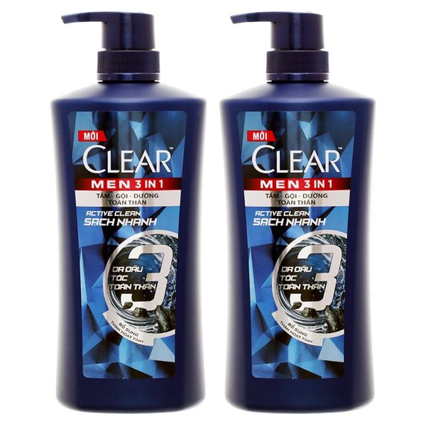  Tắm gội Clear men 3 in 1 sạch nhanh bộ 2 chai x 650 g 